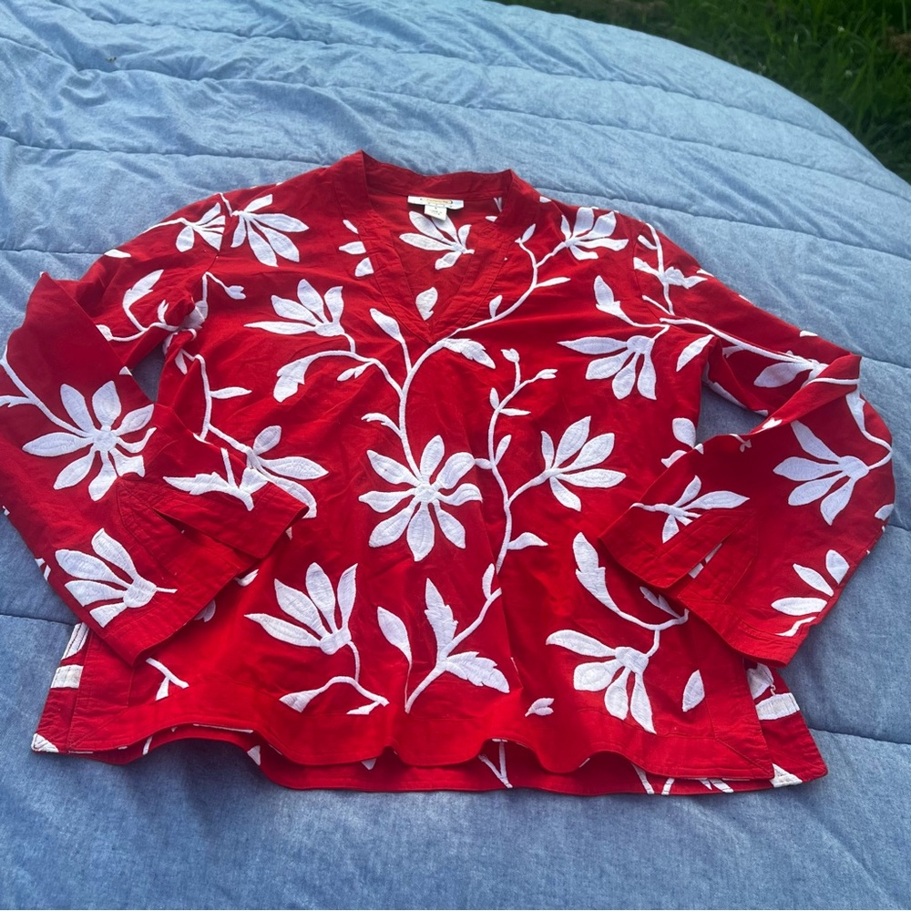 Talbots Petites Red/White Cotton Embroidered Tunic w side Zipper Size 6 Petite